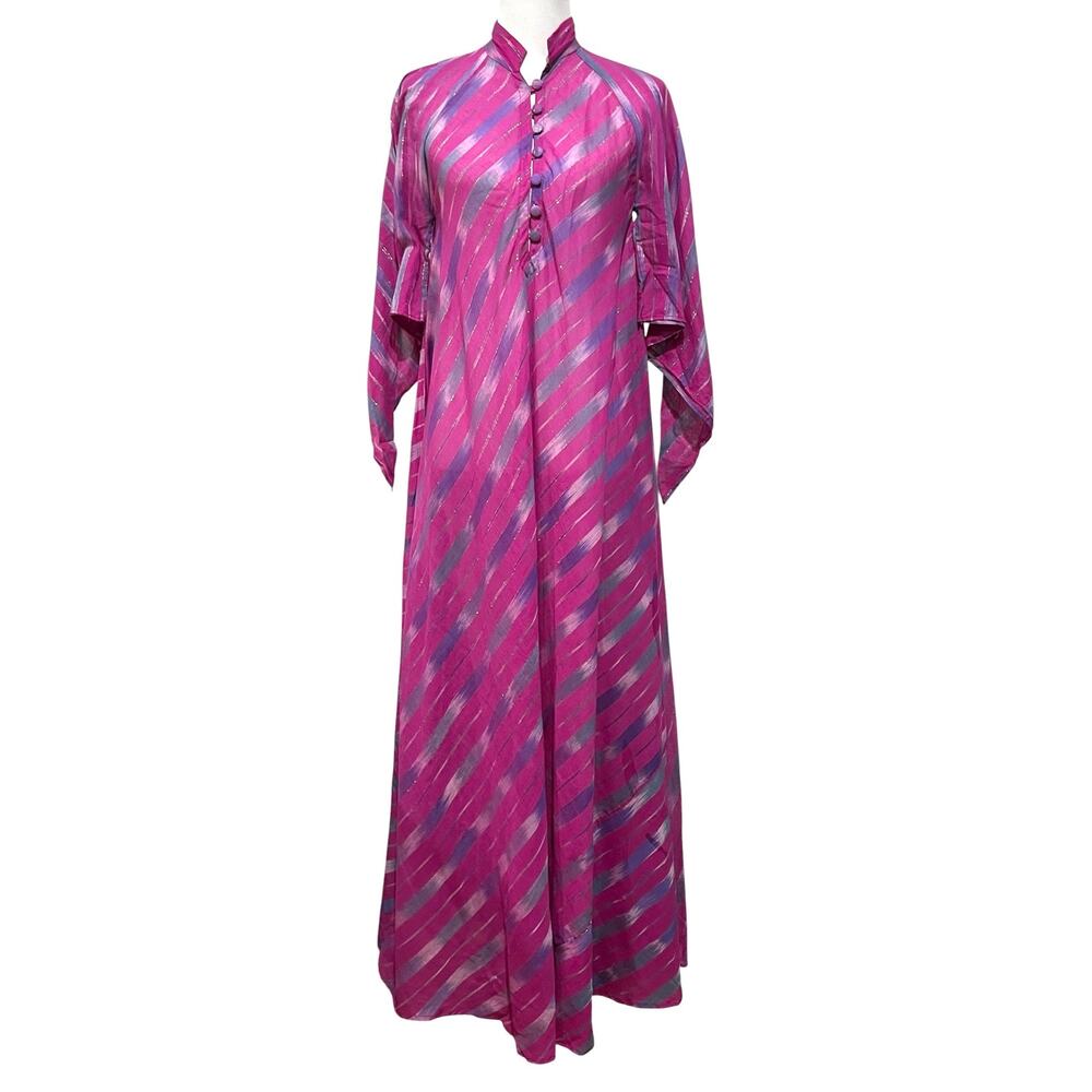 Vintage 60s 70s ADINI Indian Sheer Cotton Gauze Lurex Caftan Maxi Dress Boho
